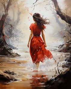 a painting of a woman in a red dress walking through the water with her hair blowing in the wind