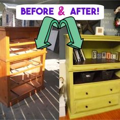 before and after photos of an old dresser turned into a bookcase