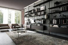 a living room filled with furniture and bookshelves next to a large glass window