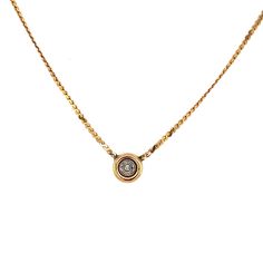 "Vintage 14K Yellow Gold Small Diamond Gold Bezel Necklace - The diamond weighs about .02ct and is set in a double bezel for a larger look. The inside bezel is white gold and the outer bezel is yellow gold. The bezel is attached to a \"s\" link chain. Length: 15\" Weight: 1.82 grams" Diamond White Necklace With Round Bezel Setting, Diamond White Necklace With Bezel Setting And Round Shape, Diamond White Necklace With Bezel Setting Round, Diamond Jewelry With Smooth Bezel And Round Stone, Luxury Diamond Solitaire Necklace With Bezel Setting, Timeless Diamond Solitaire Necklace With Bezel Setting, Luxury Diamond Necklace With Bezel Setting And Round Pendant, Timeless Solitaire Necklace With Bezel Setting For Formal Occasions, Timeless Formal Solitaire Necklace With Bezel Setting