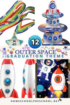 the outer space graduation theme is featured in this collage with images of rockets, rocket ship