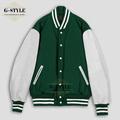 This is Forest Green & White Varsity Jacket is made of High Quality Wool and Cowhide Leather Sleeves. The Front of this Jacket is Snaps Closure. Collar and Cuffs of the Jacket are Rib Knitted.  It has Four Pockets (Genuine Leather trim is used on the Pockets).  Polyester Quilted Lining is used inside to make you feel warm and comfortable. NOTE: ● Please look at the product images and carefully select your required size. ● Product color may vary due to photographic lighting sources or your monito Green Varsity Jacket With Pockets For College, Green Long Sleeve Varsity Jacket For Fall, College Green Varsity Jacket With Pockets, Green College Outerwear With Pockets, Green Outerwear With Pockets For College, White Stand Collar Outerwear For College, Green Long Sleeve Varsity Jacket, Green Long Sleeve Track Jacket For College, Green Long Sleeve College Track Jacket