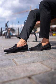 Hollo Black Hazel Loafers-Holloshoe Formal Suede Slip-ons With Almond Toe, Elegant Slip-on Tassel Loafers With Rubber Sole, Timeless Black Slip-on Loafers, Timeless Slip-on Monk Strap Shoes For Galas, Elegant Plain Toe Slip-ons For Galas, Formal Slip-on Loafers With Suede Lining, Elegant Semi-formal Goodyear Welted Moccasins, Elegant Moc Toe Slip-ons For Office, Luxury Semi-formal Slip-on Loafers