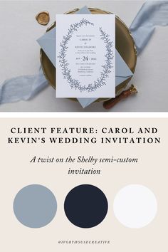 the wedding stationery is displayed on top of a plate