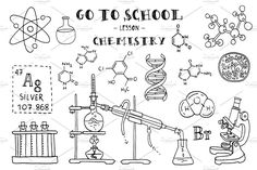 hand drawn doodles of science and laboratory equipment with the words go to school