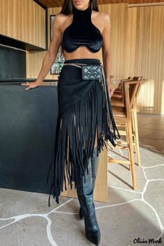 Olivia Mark - Flirty Two-Piece Dress Set with Sleeveless Top and Fringed Trim Skirt Fringe Dress Outfit, Fringe Skirt Outfit, Wide Leg Pant Outfit, Tank Crop Top, Trim Dress, Fringe Skirt, Women's Evening Dresses, Crop Top Outfits, Black Midi Skirt