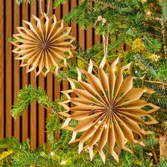 two brown paper star ornaments hanging from a christmas tree in front of a wooden wall