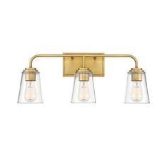 three light bathroom fixture with clear glass shades on the sides and gold metal finish,