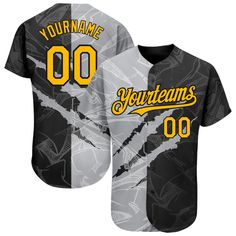 Custom Graffiti Pattern Gold Black-Gray 3D Scratch Authentic Baseball Jersey Graffiti Pattern, Blue Football, Alpha Kappa Alpha, Black Neon, Custom Website, Number 3, Baseball Shirts, Baseball Jersey, Button Design