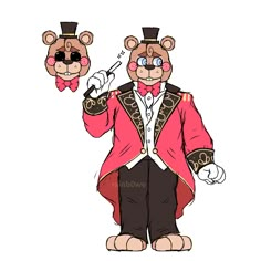 a cartoon bear dressed in a suit and top hat with two other bears behind him