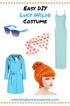 an orange haired woman wearing blue clothes and sunglasses with the words easy diy lucky wilde costume