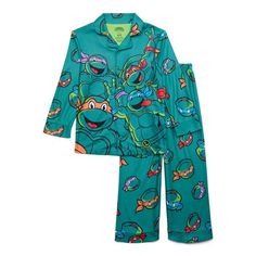 Cowabungaits time for bed! This Teenage Mutant Ninja Turtles Coat Pajama Set for Boys features fun, allover prints of his favorite characters. The long-sleeve sleep top has a notch collar, button-front closure and a relaxed fit. The sleep pants have a pull-on style with an elastic waistband to gently hug his body for easy, comfy wearingperfect for a night of lounging and sleep. Size: 4/5.  Color: Green.  Gender: male.  Age Group: kids. Turtle Clothes, Time For Bed, Christmas Coat, Black Pokemon, Boys Fleece, Fleece Pajamas, Dreamy Room, Sleep Pants, Kids Clothes Boys