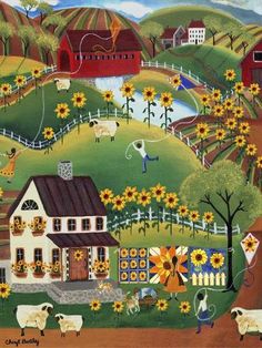 a painting of a farm scene with sunflowers and cows in the foreground