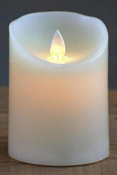 a lit candle sitting on top of a wooden table