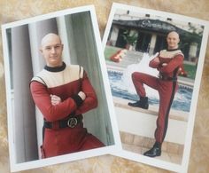 two photos of the same man in red outfits, one with his arms crossed and another with his legs crossed