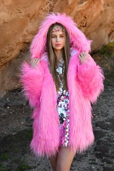 Barbie Pink Faux Fur Coat with Hood Embrace your inner fashionista with this stunning Barbie Pink Long Pile Faux Fur Coat. Perfect for making a bold statement, this luxurious coat is as cozy as it is eye catching. Whether you're stepping out for a special occasion or simply adding a pop of color to your everyday wardrobe, this faux fur coat is a must-have addition. Stay warm, stay stylish, and turn heads wherever you go! 💯 % handmade in LA Barbie Outfits Winter, Pink Hooded Fur Coat With Faux Fur Trim, Spring Hooded Faux Fur Coat, Glamorous Winter Outerwear With Feather Trim, Pink Winter Outerwear With Feather Trim, Glamorous Pink Winter Outerwear, Pink Feather Trim Outerwear For Fall, Fall Pink Outerwear With Feather Trim, Glamorous Faux Fur Coat For Winter