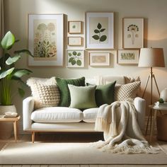 a living room filled with white furniture and lots of green pillows on top of it