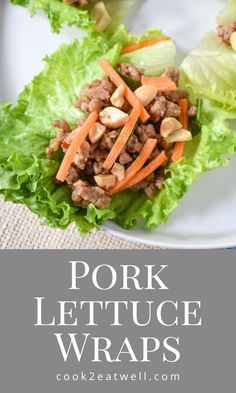 An image of the finished pork lettuce wraps served on a white plate. Below the image there is a graphic in light gray with the title in white letters. Recipe Ground Pork, Teriyaki Chicken Lettuce Wraps, Pork Teriyaki, Teriyaki Pork, Asian Dish, Yum Sauce, Pork Lettuce Wraps, Healthy Lunches For Work, Lettuce Wrap Recipes