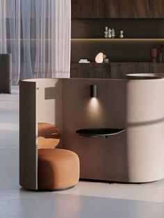 a modern bathroom with an oval sink and round stool