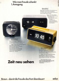 an ad for brauna clocks with the time on each one and two different types of clocks