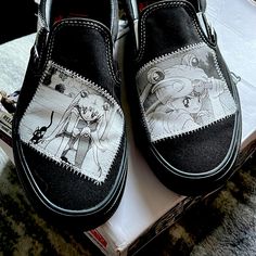 Vans Slip On Custom Sailor Moon Shoes. Never Worn, Insole Is Removable, Details On Each Shoe Are Different With Patchwork Theme. Size: 7.5 Men/ 9 Women Black Custom Sneakers With Anime Print For Streetwear, Black Custom Sneakers With Anime Print And Round Toe, Black Custom Sneakers With Anime Print, Black Sneakers With Anime Print And Round Toe, Black Anime Print Sneakers With Round Toe, Vans Custom Sneakers With Rubber Sole And Round Toe, Black Vans Custom Sneakers With Round Toe, Vans Custom Slip-on Sneakers With Rubber Sole, Black Custom Sneakers With Removable Insole And Round Toe