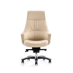 an office chair with black legs and beige leather upholstered seat, viewed from the front