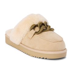 Cozy faux fur lined slip on shoe with chain link detail Sizing- Fits true to size, medium width