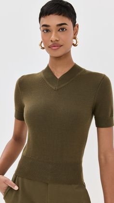 STAUD Sullivan Top | Shopbop Statement Sandals, Knit V Neck, Green Brands, China Fashion, Healthcare Professionals, Sweater Outfits, Timeless Elegance, Merino Wool, Fabric Weights