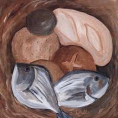 a painting of two fish in a nest with rocks and leaves on the side,