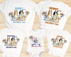 three shirts with cartoon characters on them and the words mommy, daddy, birthday girl