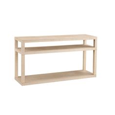 the shelf is made out of wood and has two shelves on each side, one for storage