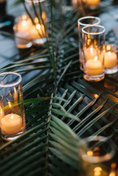 candles are lit on a table with palm leaves