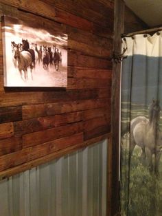 there is a horse shower curtain in the bathroom