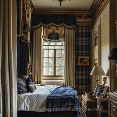 a bed sitting in a bedroom next to a window with drapes on the windowsill