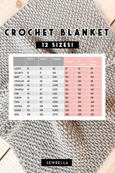 the crochet blanket is shown with measurements for each item in front of it