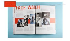 an open book with pictures of people on it and the words face watch written in red