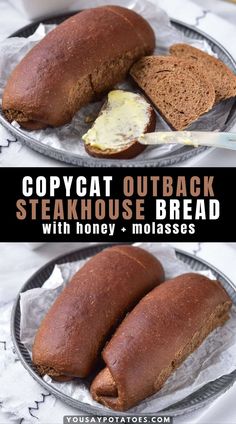 two images showing how to make an outback steakhouse bread with honey and molassses