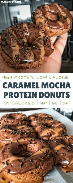 chocolate covered caramel mocha protein doughnuts are stacked on top of each other