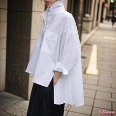 Qteee - White Cotton Long Sleeve Fashion Shirt with Cape Design Plain White Shirt For Spring, White Casual Tops For Work, Oversized White Collared T-shirt, White Oversized Collared Top, Oversized White Collared Top, Cape Shirt, Elegant Cape, Cape Designs, White Cotton Shirt