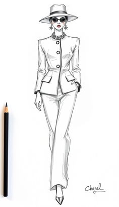 a drawing of a woman in a suit and hat, with sunglasses on her head