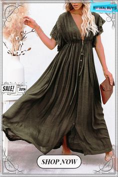 Solid Buttoned Waist Cord Maxi Dress Olive Green Maxi Dress, Holiday Dresses Women, Boho Mode, Boho Styl, Green Maxi Dress, A Line Maxi Dress, Mode Boho, Green Maxi, Beach Maxi Dress