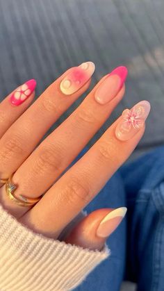 #nails #summer #nailsofinstagram #nailart #pink Pink Beach Nails Almond, Almond Nails Pink Flowers, Beach Vibe Nails Pink, Pink Flower Nails Aesthetic, Almond Nails Hawaii Flowers, French Summer Nails, Stylish Acrylic Nails, Summer French Tip Nails, Classy Spring Nails