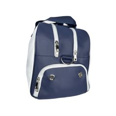 a blue and white backpack with two zippers on the front, one is open