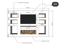 a drawing of a tv and fireplace with the measurements for each piece of wood in it