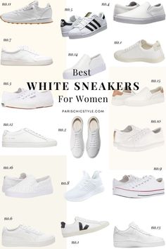 Best White Sneakers For Women For Street Style Shoes, Walking, Travel: Comfortable Chic, Stylish French Sneakers, & Italian Sneakers that are classic, & timeless for everyday destination.  Parisian style sneakers. Best white sneakers to wear with dresses, skirts, pants, trousers, jeans or leggings. Classic white sneakers. Best low top white sneakers. Lace Up Best white sneakers for travel. #bestwhitesneakers #bestsneakers #besttravelshoes Paris Chic Style #frenchsneakers #italiansneakers White Shoes For Dress, White Shoes With Dress Outfit, White Sneaker With Dress, Best White Sneakers For Dresses, Best White Shoes For Women, White Sneakers For Dresses, How To Style White Shoes, Styling White Sneakers Women, Everyday White Sneakers