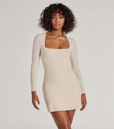 Part casual, part luxe, this long-sleeved mini dress is perfect for your next date night! The ribbed knit dress features a square neckline, long sleeves, and a mini-length hem. Complete look with knee-high boots! Fit & FeaturesRibbed knit fabric with knit lining, plenty of stretchSquare necklineLong fitted sleevesA-line silhouetteMini-length hemRuns true to size White Holiday Dress, Sequin Holiday Dress, Red Holiday Dress, Backless Dress Short, Nye Dress, Beach Wedding Guest Dress, Casual Luxe, Homecoming Outfits, Formal Dresses With Sleeves