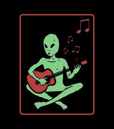 an alien playing the guitar with music notes