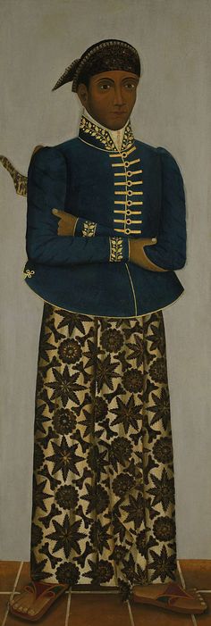 a painting of a man in blue jacket and skirt