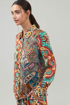 This unique button up shirt has a visual feast of prints, featuring, geometrics and paisley- take a step on the daring side and opt for this top.•Long sleeves •Button front placket Item number 2430432 100% Polyester Gentle cycle cold Mens Sport Coat, Print Trends, Retro Shirts, Sweater Sale, Fall Shopping, Mixing Prints, Trending Dresses, Print Shirt, Long Sweaters