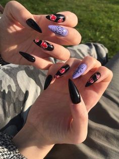 Nail Ideas Anime, Anime Inspired Nails, Naruto Nails, Anime Nail, Anime Nails, Edgy Nails, Goth Nails, Grunge Nails, Kawaii Nails